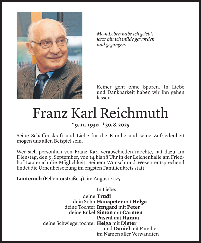  Todesanzeige für Franz Karl Reichmuth vom 03.09.2025 aus Vorarlberger Nachrichten