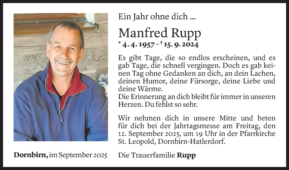  Todesanzeige für Manfred Rupp vom 10.09.2025 aus Vorarlberger Nachrichten