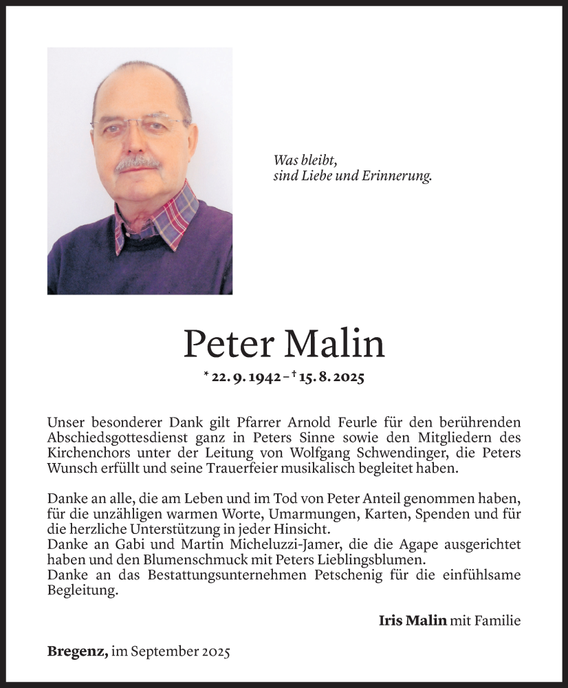  Todesanzeige für Peter Malin vom 09.09.2025 aus Vorarlberger Nachrichten