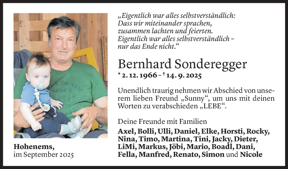  Todesanzeige für Bernhard Josef Sonderegger vom 16.09.2025 aus Vorarlberger Nachrichten