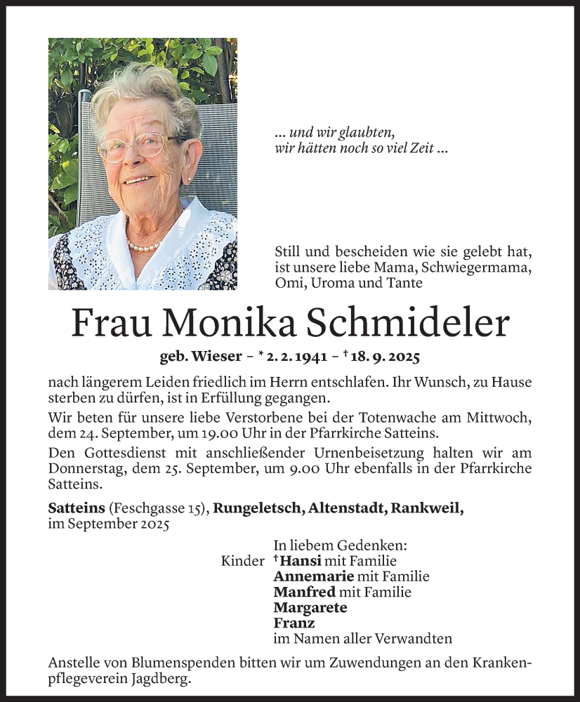  Todesanzeige für Monika Schmideler vom 21.09.2025 aus Vorarlberger Nachrichten