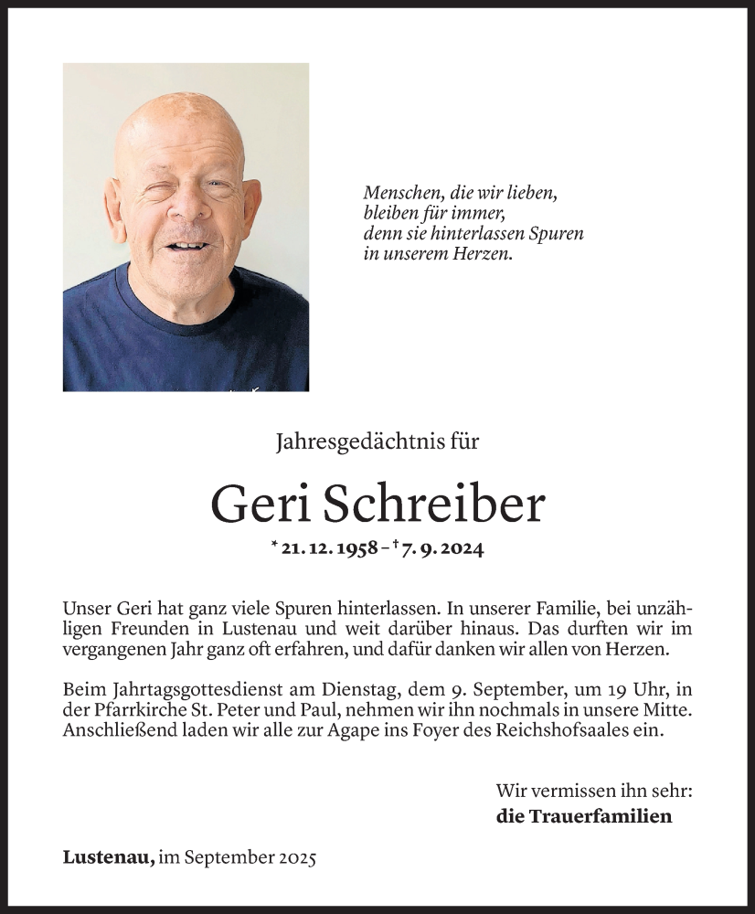  Todesanzeige für Geri Schreiber vom 05.09.2025 aus Vorarlberger Nachrichten