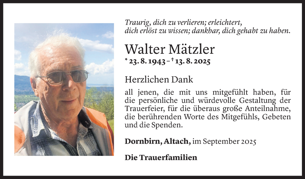  Todesanzeige für Walter Mätzler vom 12.09.2025 aus Vorarlberger Nachrichten