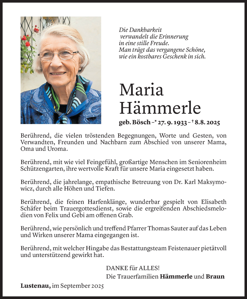  Todesanzeige für Maria Hämmerle vom 04.09.2025 aus Vorarlberger Nachrichten