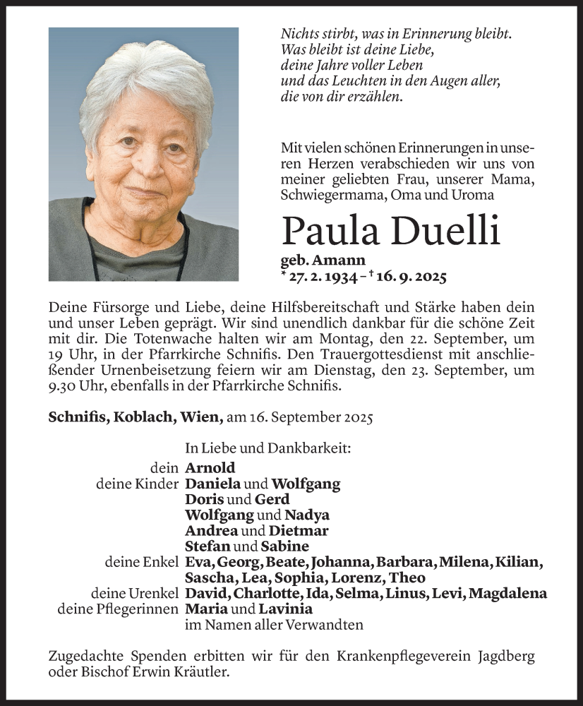  Todesanzeige für Paula Duelli vom 17.09.2025 aus Vorarlberger Nachrichten