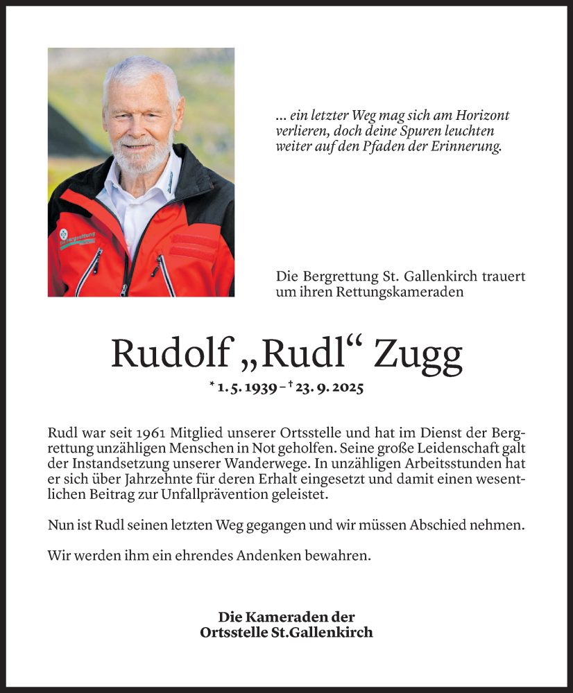  Todesanzeige für Rudolf Zugg vom 26.09.2025 aus Vorarlberger Nachrichten