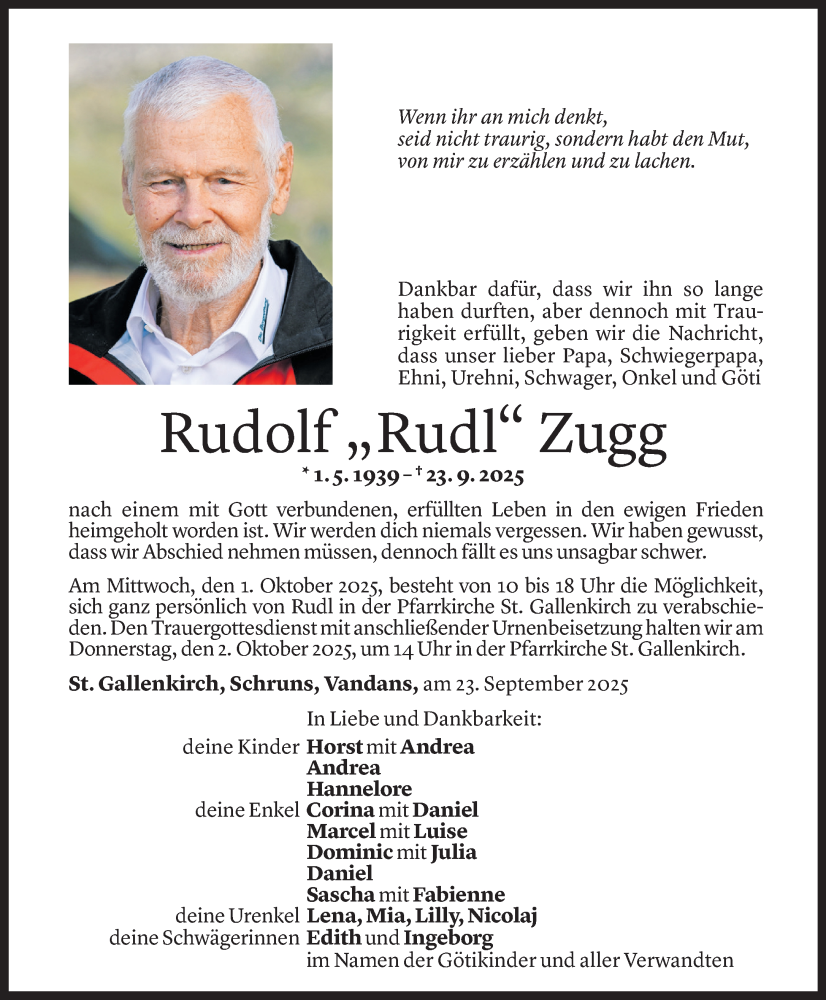  Todesanzeige für Rudolf Zugg vom 26.09.2025 aus Vorarlberger Nachrichten