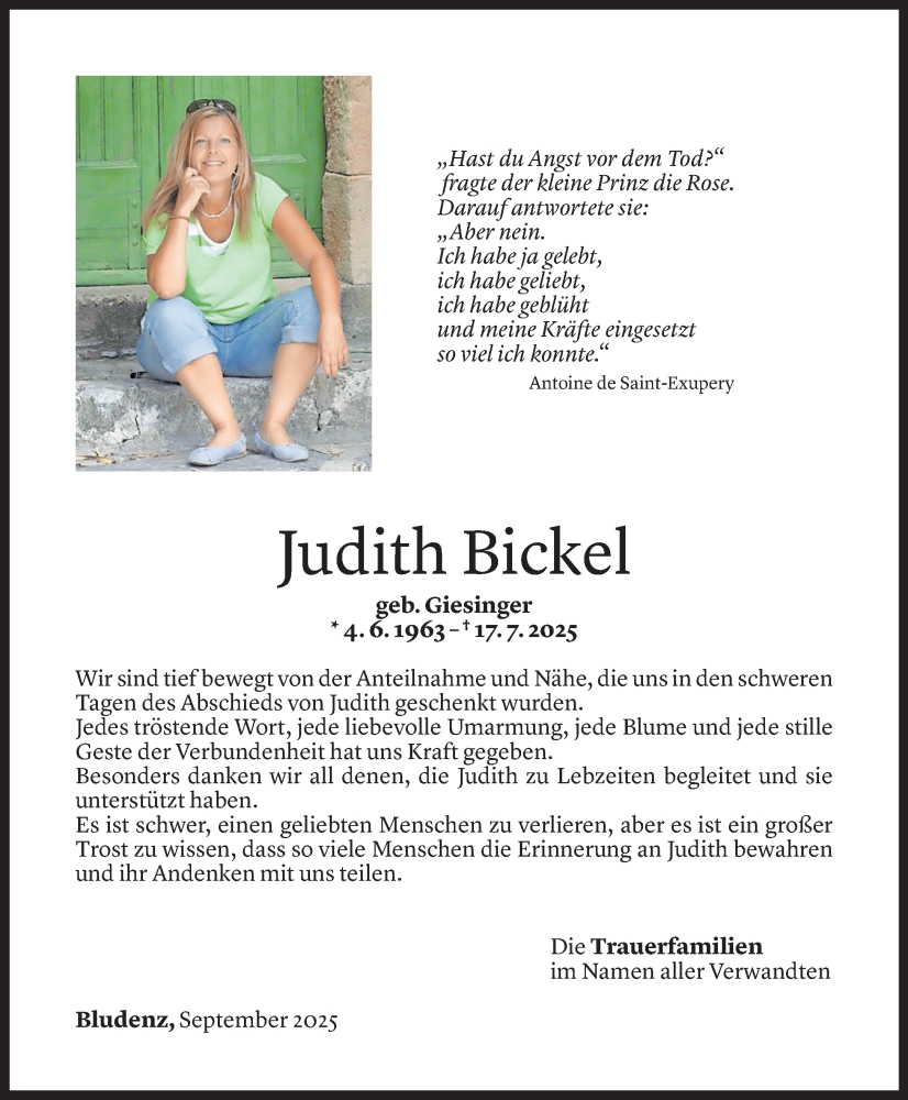  Todesanzeige für Judith Bickel vom 05.09.2025 aus Vorarlberger Nachrichten
