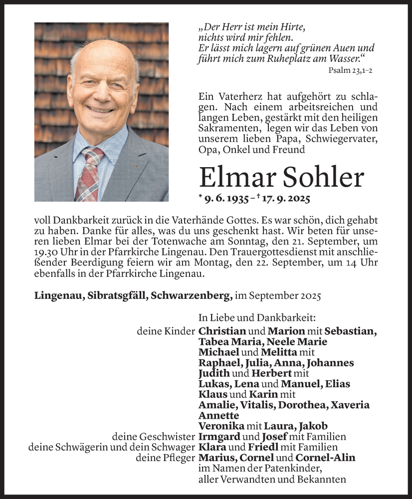  Todesanzeige für Elmar Sohler vom 19.09.2025 aus Vorarlberger Nachrichten
