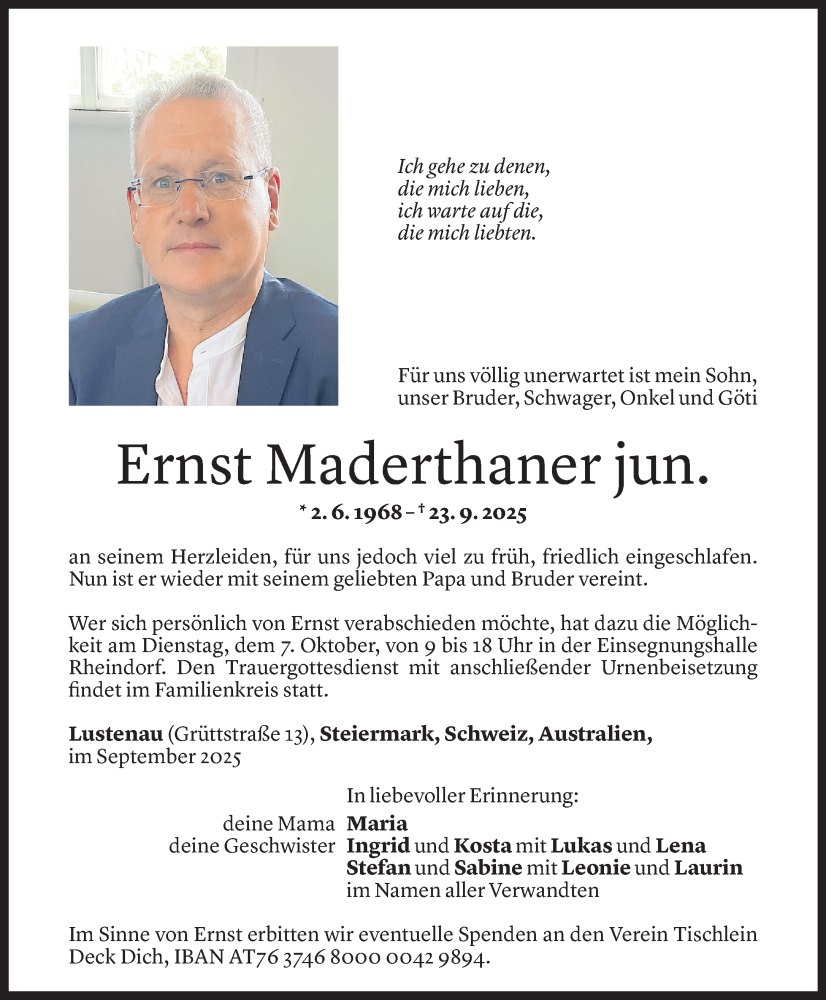  Todesanzeige für Ernst Maderthaner vom 04.10.2025 aus Vorarlberger Nachrichten