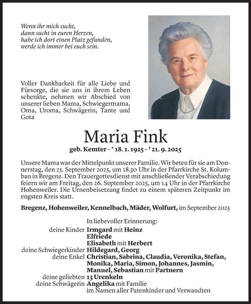 Todesanzeige für Maria Fink vom 23.09.2025 aus Vorarlberger Nachrichten