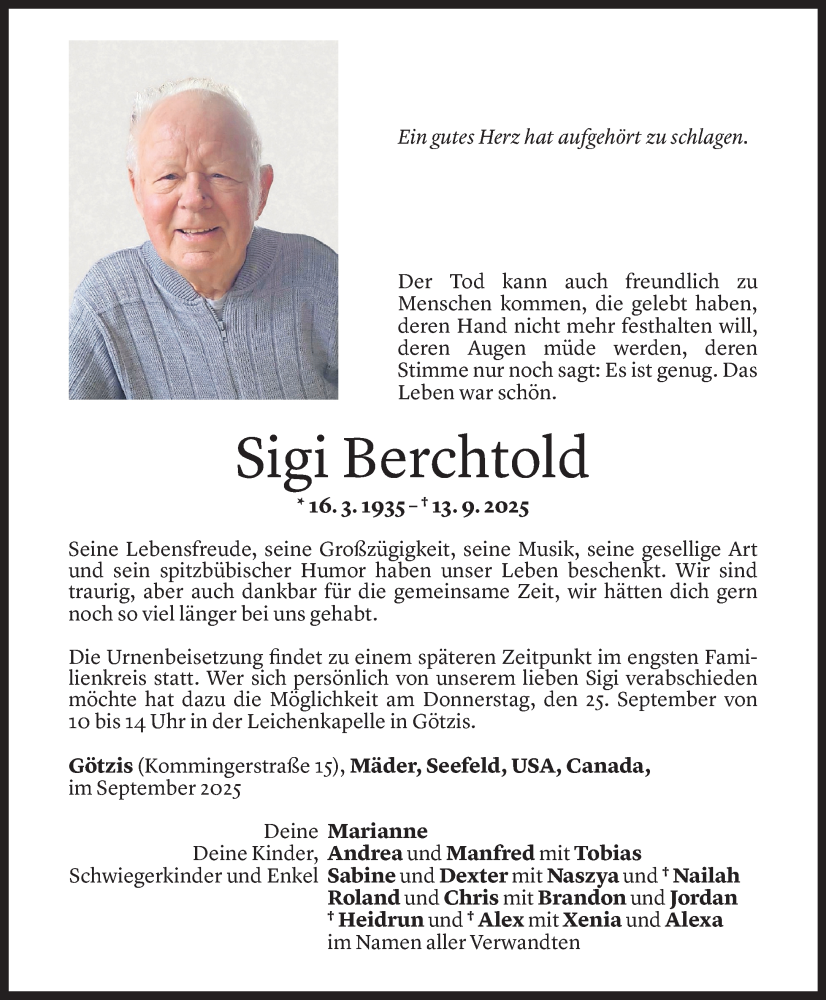  Todesanzeige für Sigi Berchtold vom 16.09.2025 aus Vorarlberger Nachrichten