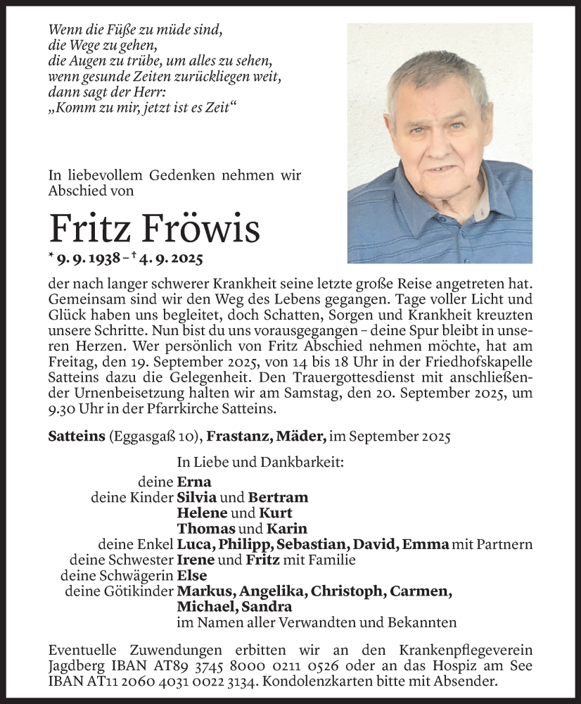  Todesanzeige für Fritz Fröwis vom 16.09.2025 aus Vorarlberger Nachrichten