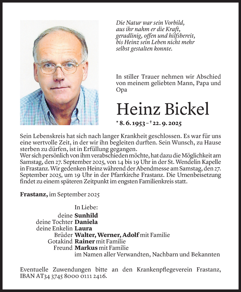  Todesanzeige für Heinz Bickel vom 24.09.2025 aus Vorarlberger Nachrichten