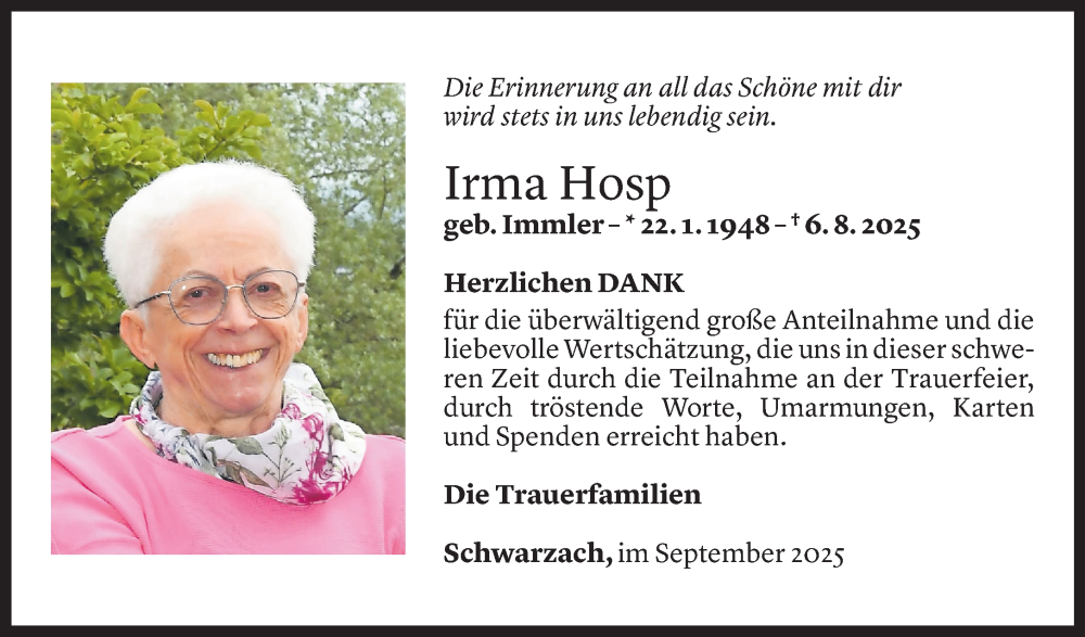  Todesanzeige für Irma Hosp vom 09.09.2025 aus Vorarlberger Nachrichten