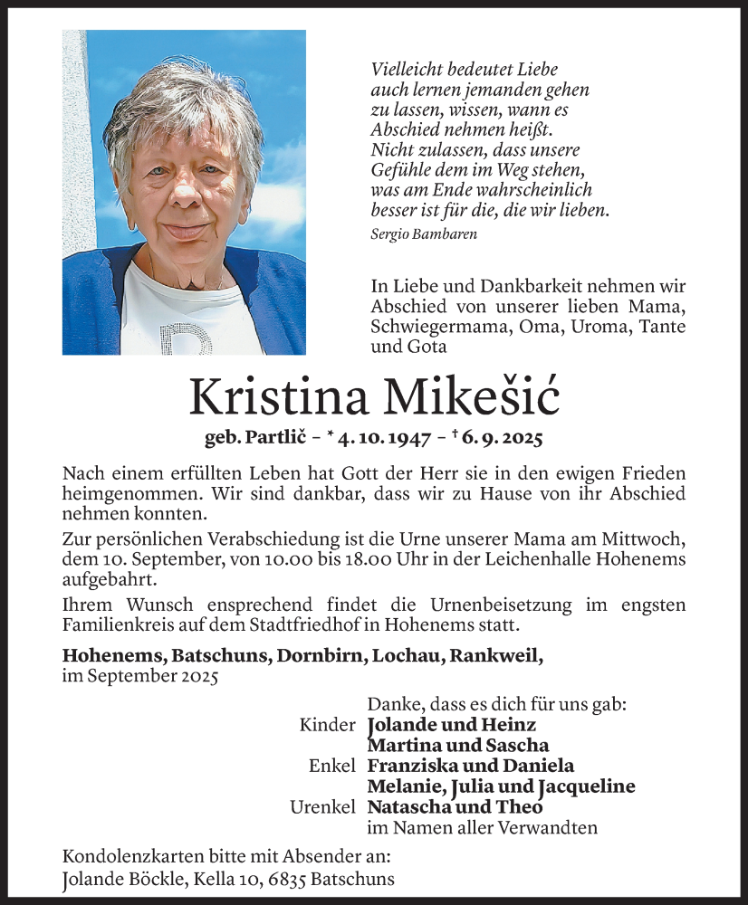  Todesanzeige für Kristina Mikešić vom 08.09.2025 aus Vorarlberger Nachrichten