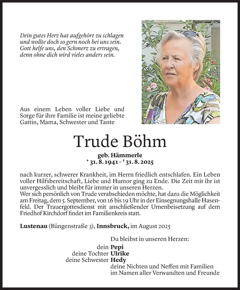  Todesanzeige für Trude Böhm vom 02.09.2025 aus Vorarlberger Nachrichten