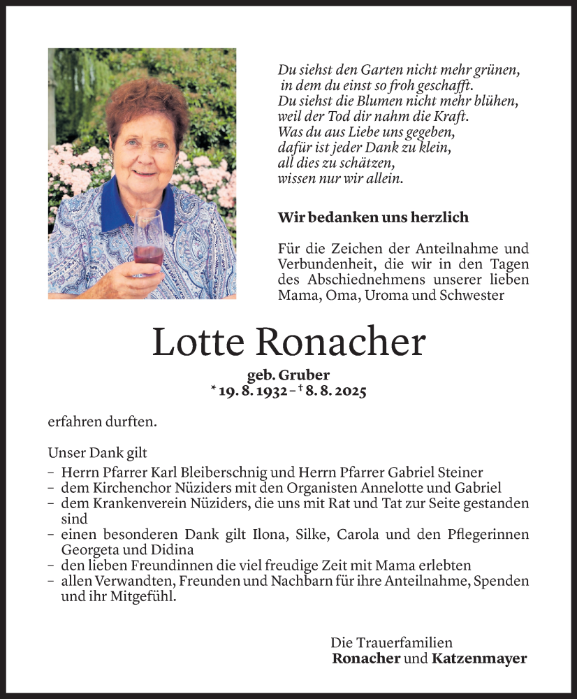  Todesanzeige für Lotte Ronacher vom 03.09.2025 aus Vorarlberger Nachrichten
