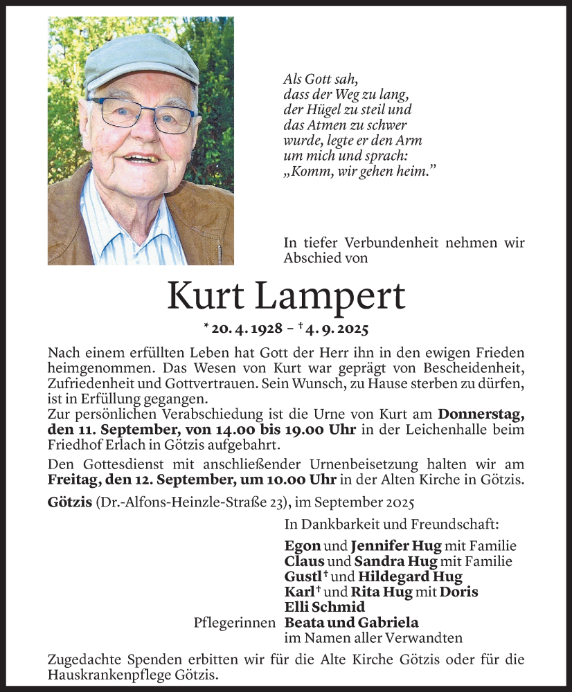  Todesanzeige für Kurt Lampert vom 08.09.2025 aus Vorarlberger Nachrichten