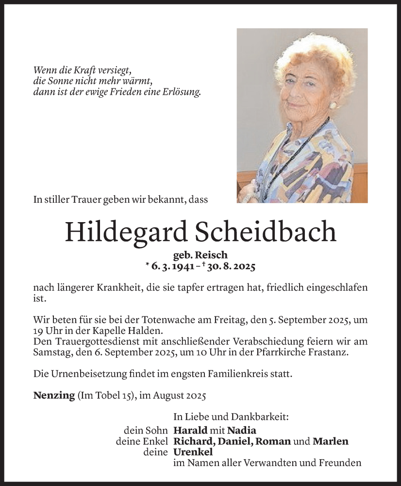  Todesanzeige für Hildegard Scheidbach vom 01.09.2025 aus Vorarlberger Nachrichten