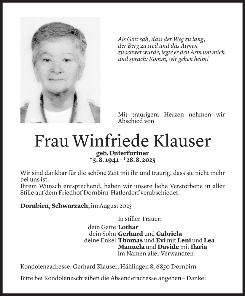  Todesanzeige für Winfriede Klauser vom 04.09.2025 aus Vorarlberger Nachrichten