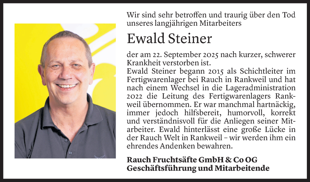  Todesanzeige für Ewald Steiner vom 23.09.2025 aus Vorarlberger Nachrichten