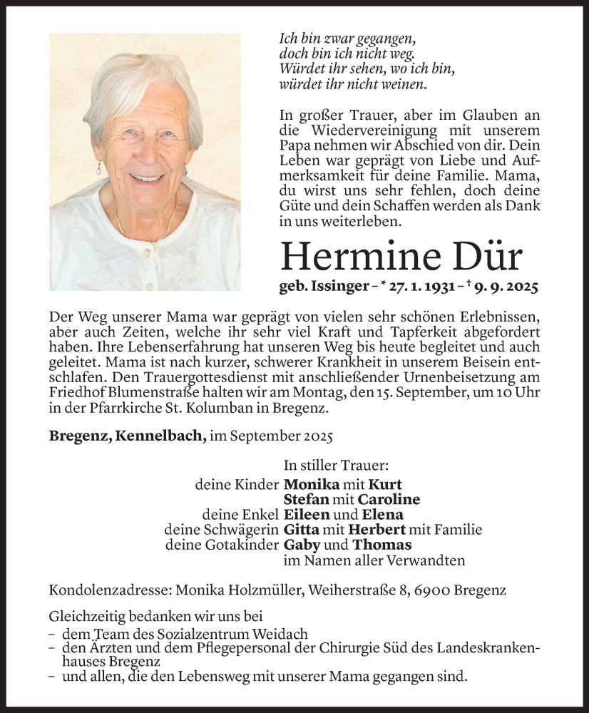  Todesanzeige für Hermine Dür vom 12.09.2025 aus Vorarlberger Nachrichten