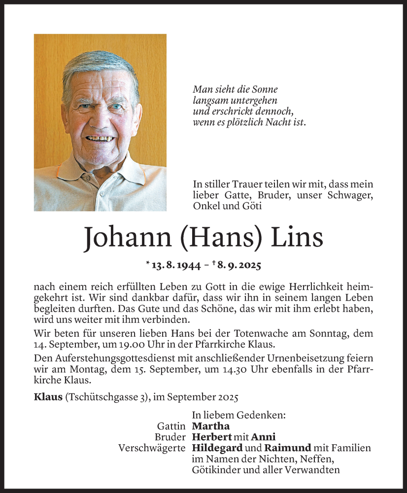  Todesanzeige für Johann Lins vom 10.09.2025 aus Vorarlberger Nachrichten