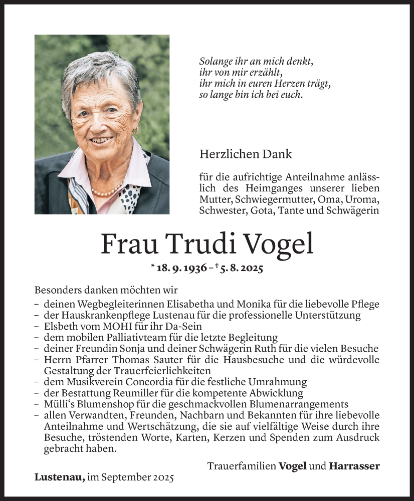  Todesanzeige für Trudi Vogel vom 09.09.2025 aus Vorarlberger Nachrichten