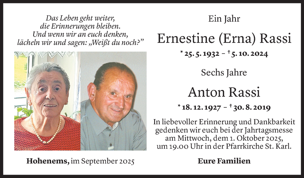  Todesanzeige für Ernestine Rassi vom 28.09.2025 aus Vorarlberger Nachrichten