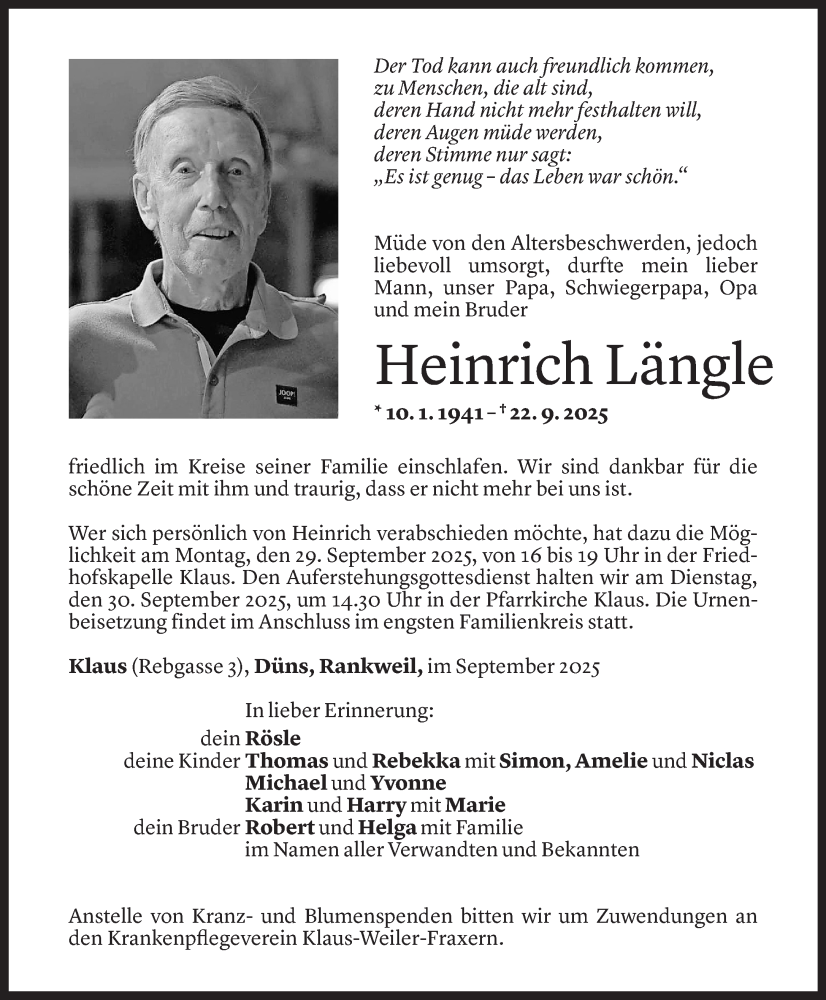  Todesanzeige für Heinrich Längle vom 24.09.2025 aus Vorarlberger Nachrichten