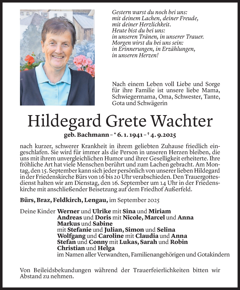  Todesanzeige für Hildegard Grete Wachter vom 13.09.2025 aus Vorarlberger Nachrichten