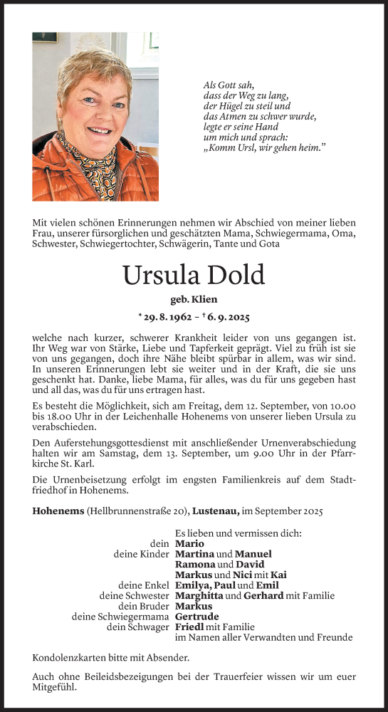  Todesanzeige für Ursula Dold vom 09.09.2025 aus Vorarlberger Nachrichten