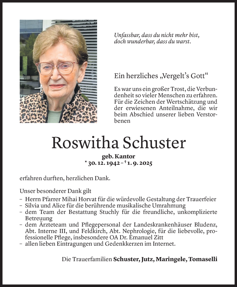  Todesanzeige für Roswitha Schuster vom 26.09.2025 aus Vorarlberger Nachrichten