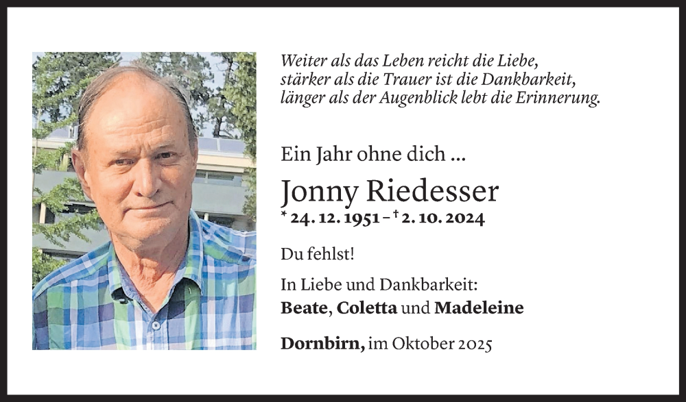  Todesanzeige für Johann Riedesser vom 02.10.2025 aus Vorarlberger Nachrichten