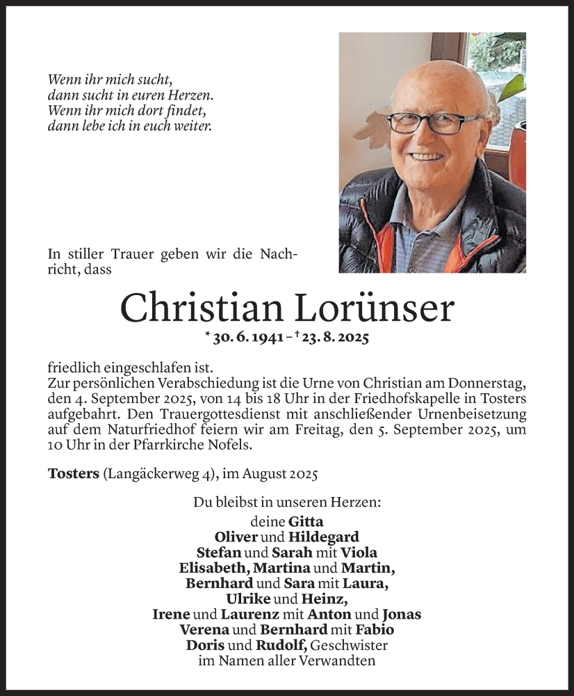  Todesanzeige für Christian Lorünser vom 01.09.2025 aus Vorarlberger Nachrichten