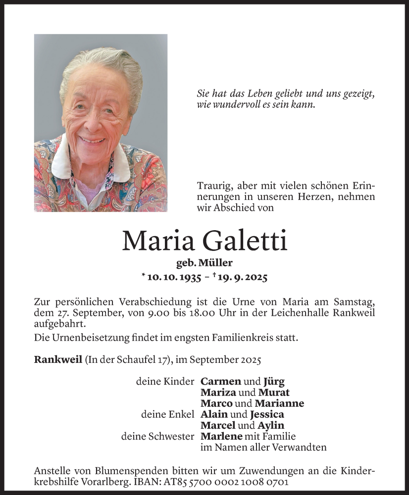  Todesanzeige für Maria Galetti vom 23.09.2025 aus Vorarlberger Nachrichten