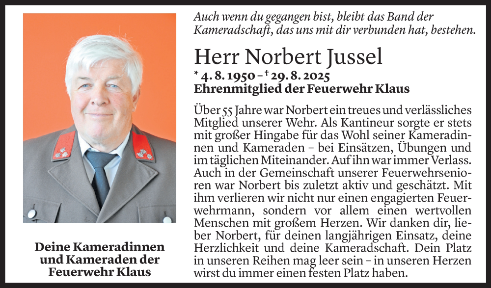  Todesanzeige für Norbert Jussel vom 02.09.2025 aus Vorarlberger Nachrichten