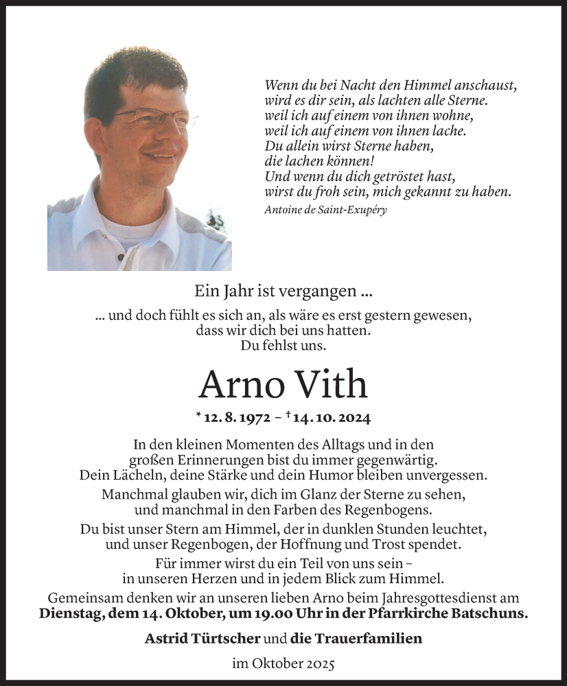 Todesanzeige für Arno Vith vom 09.10.2025 aus Vorarlberger Nachrichten