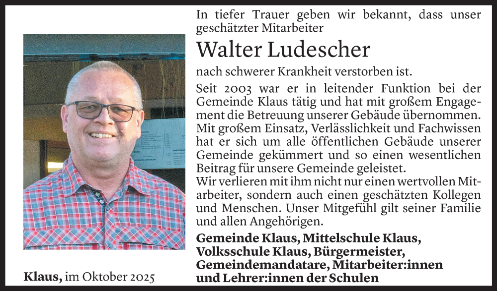  Todesanzeige für Walter Ludescher vom 30.09.2025 aus Vorarlberger Nachrichten
