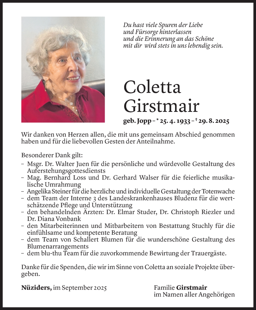  Todesanzeige für Coletta Girstmair vom 25.09.2025 aus Vorarlberger Nachrichten