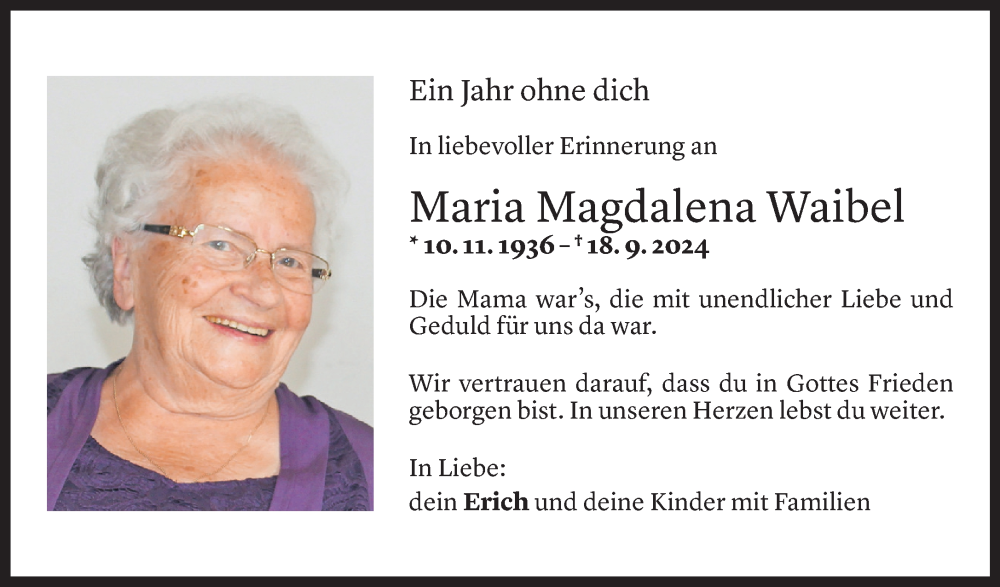  Todesanzeige für Maria Waibel vom 18.09.2025 aus Vorarlberger Nachrichten