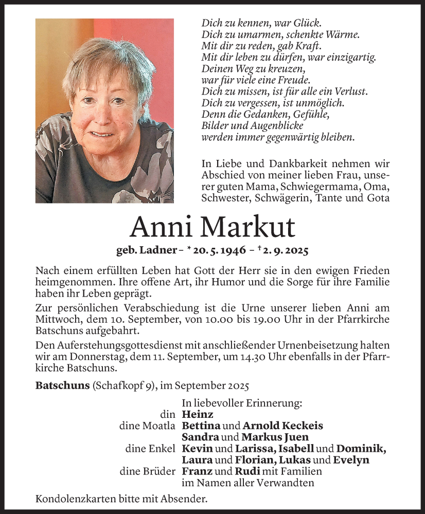  Todesanzeige für Anni Markut vom 04.09.2025 aus Vorarlberger Nachrichten