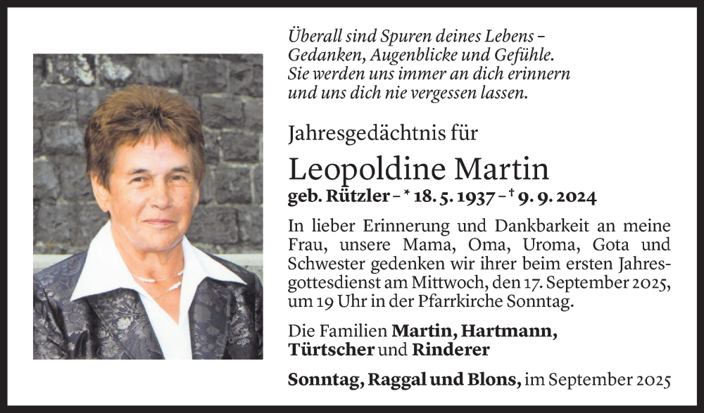  Todesanzeige für Leopoldine Martin vom 12.09.2025 aus Vorarlberger Nachrichten