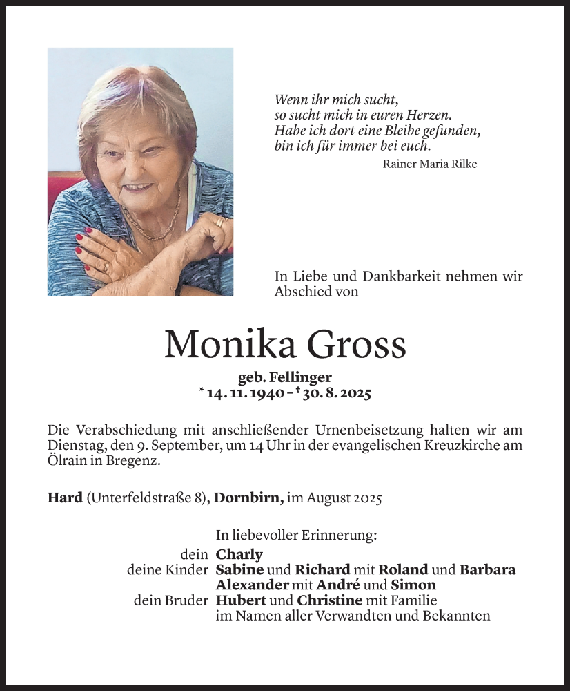  Todesanzeige für Monika Gross vom 03.09.2025 aus Vorarlberger Nachrichten