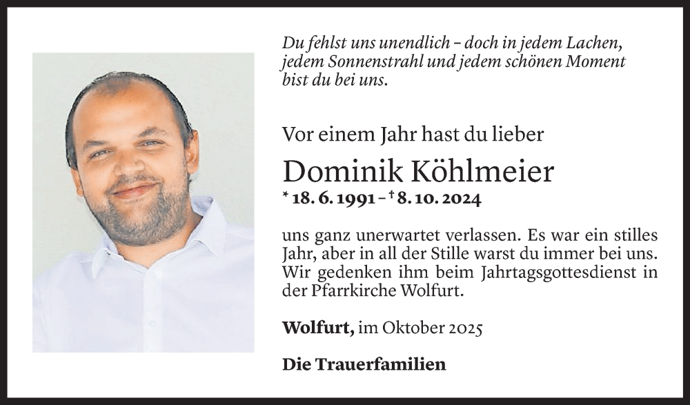  Todesanzeige für Dominik Köhlmeier vom 08.10.2025 aus Vorarlberger Nachrichten