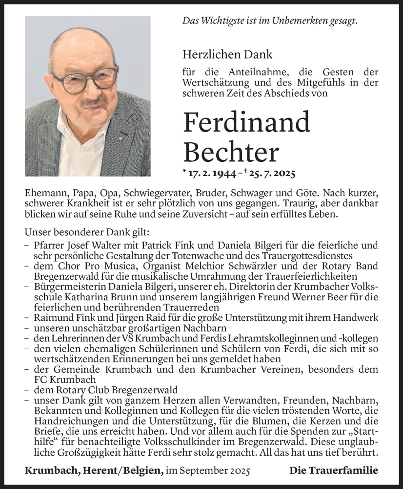  Todesanzeige für Ferdinand Bechter vom 10.09.2025 aus Vorarlberger Nachrichten
