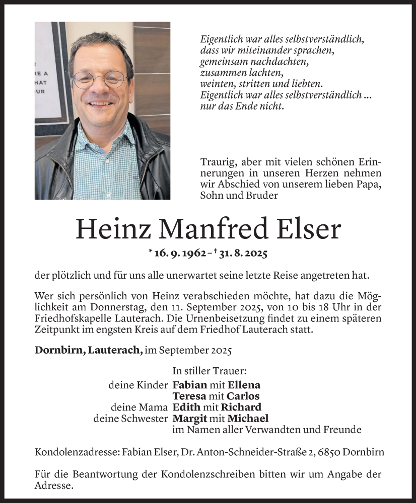  Todesanzeige für Heinz Manfred Elser vom 08.09.2025 aus Vorarlberger Nachrichten