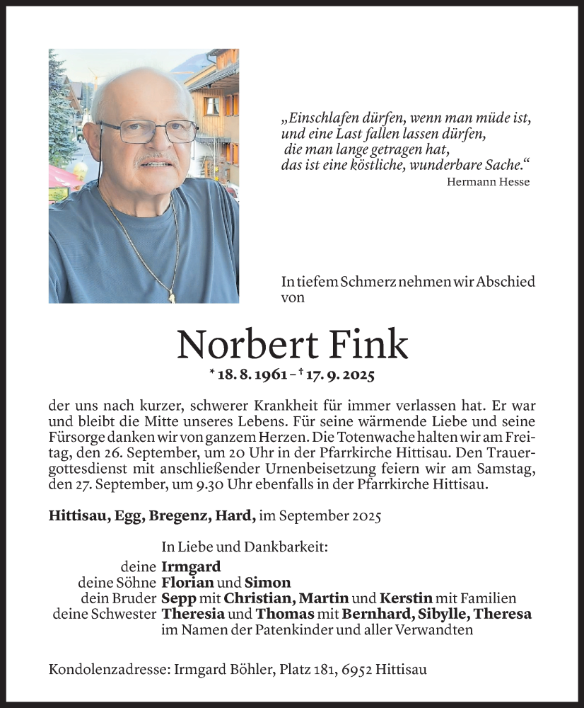  Todesanzeige für Norbert Fink vom 24.09.2025 aus Vorarlberger Nachrichten