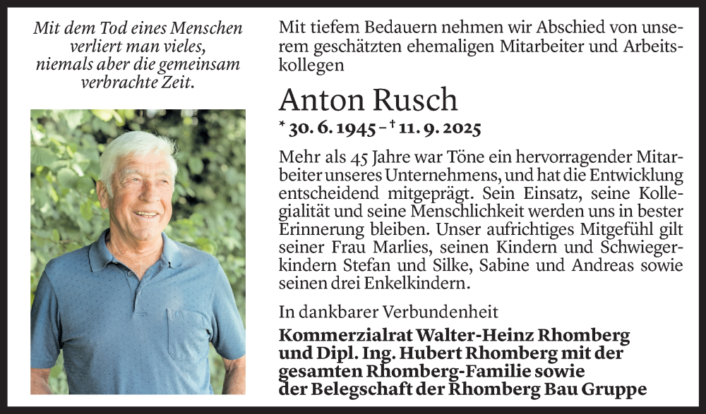  Todesanzeige für Anton Rusch vom 18.09.2025 aus Vorarlberger Nachrichten